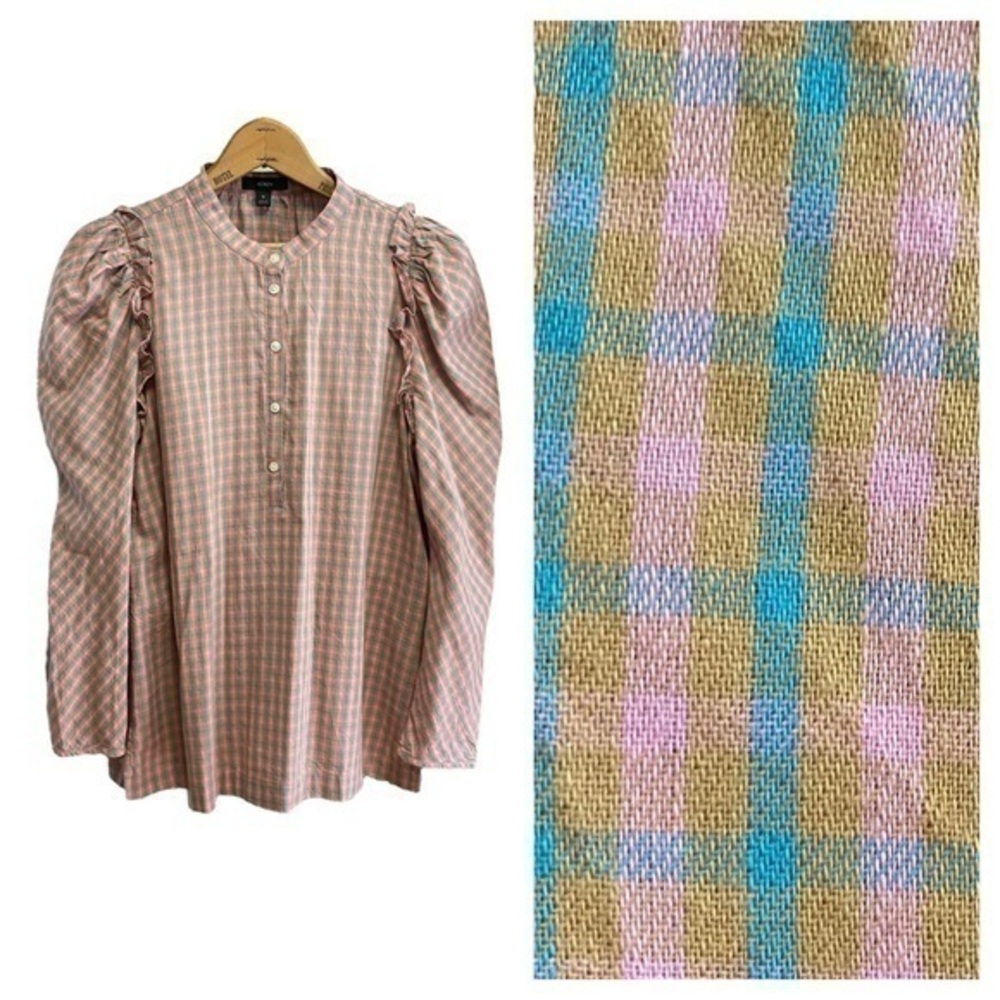 J. Crew Pink Plaid Puffy Long Sleeve Button Down Shirt Field Check Flannel Small